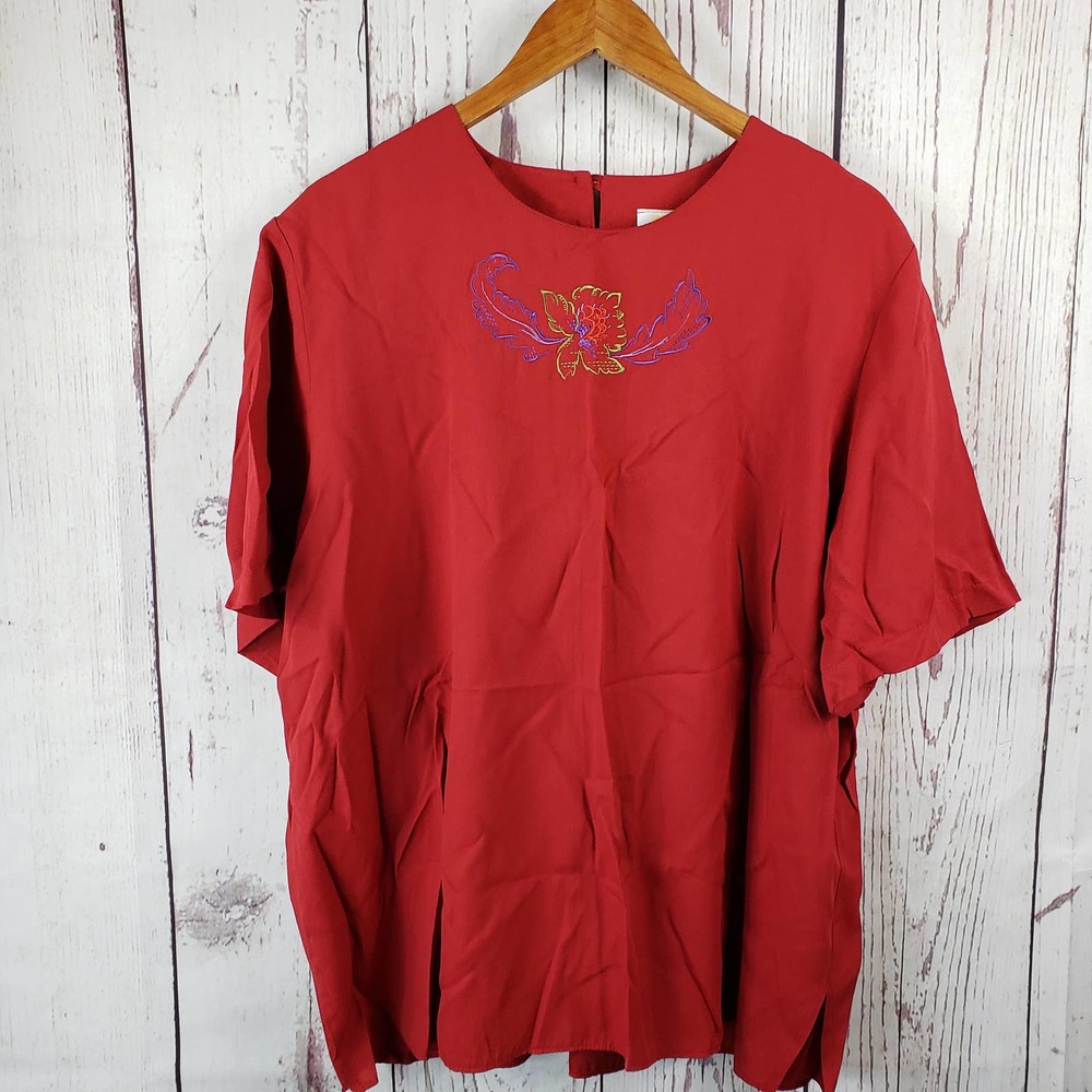Sunny Lady Vintage Blouse Womens Size 20W Floral Embroidered Short Sleeve Red